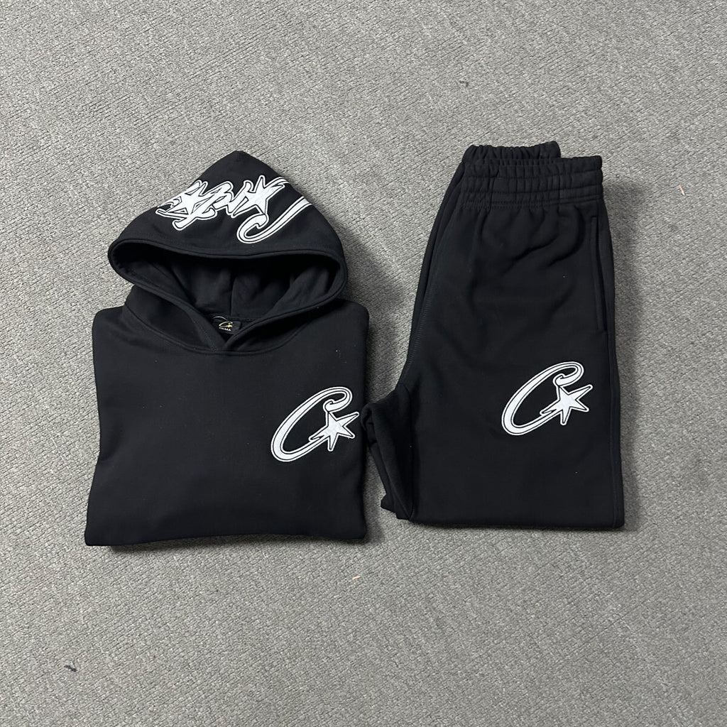 Corteiz Satin C Star Appliqué Hoodie And Joggin 'Black' 1:1