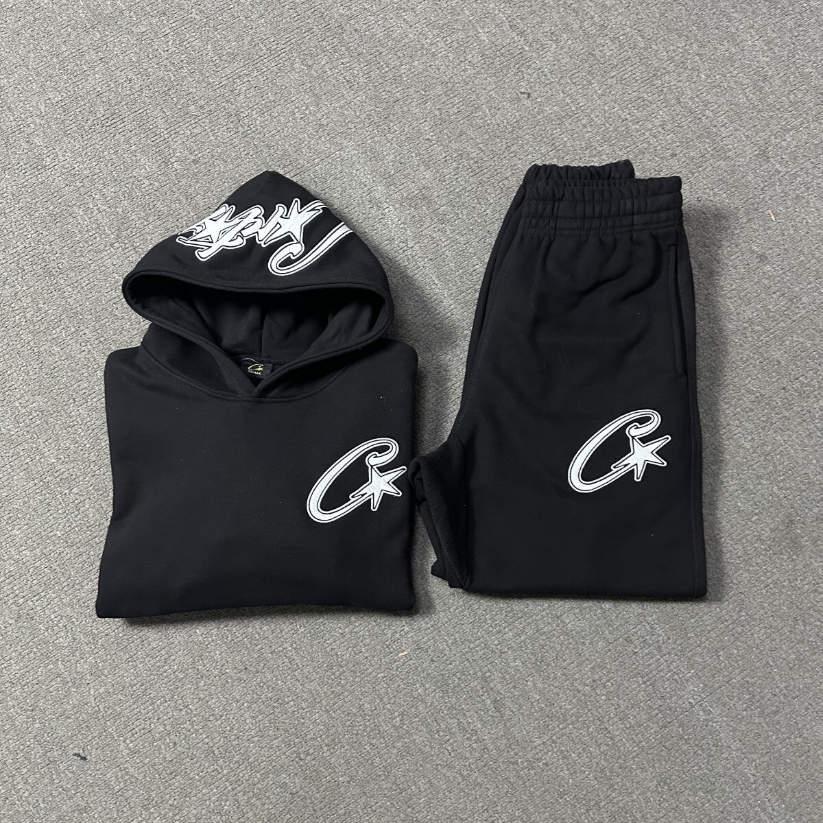 Corteiz Satin C Star Appliqué Hoodie And Joggin 'Black' 1:1